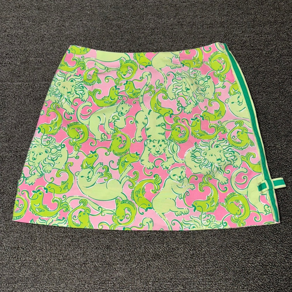 VTG Lilly Pulitzer Pink Green Lion Tiger Jungle Print Skort Size 0 Bow Detail